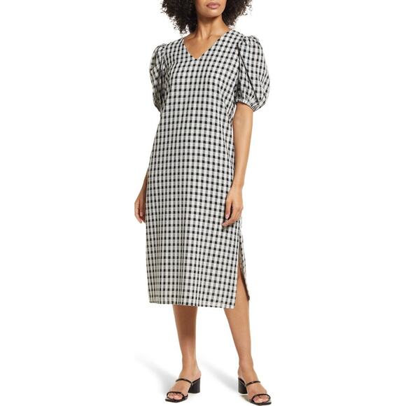 HALOGEN $128 Black White Gingham Check V-Neck Puff‎ Sleeve Midi Dress Medium - Picture 1 of 6